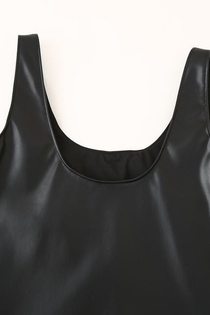 Shoulder Strap Beading Black Color Sleeveless Casual Fashion PU Leather Mini Dress for Ladies