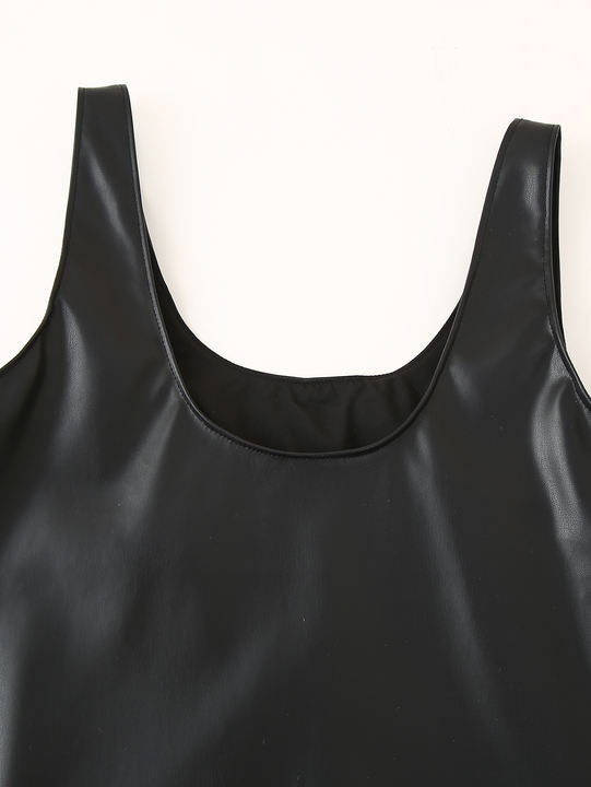 Shoulder Strap Beading Black Color Sleeveless Casual Fashion PU Leather Mini Dress for Ladies