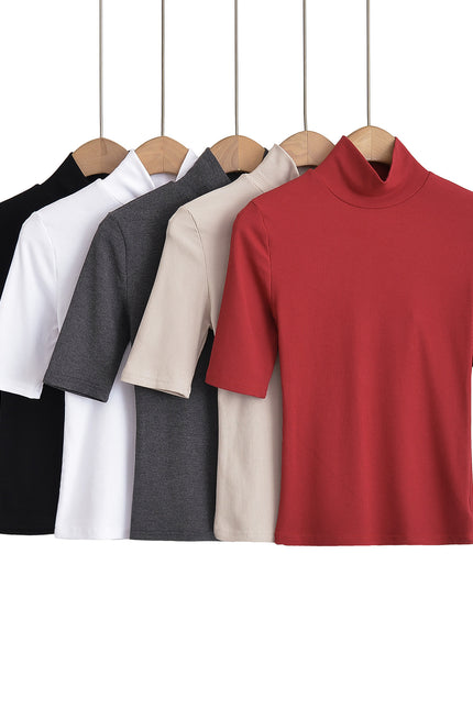 5 Colorway Stand Collar Short Sleeve Solid Color Knitted Casual Fashion t Shirt for Women