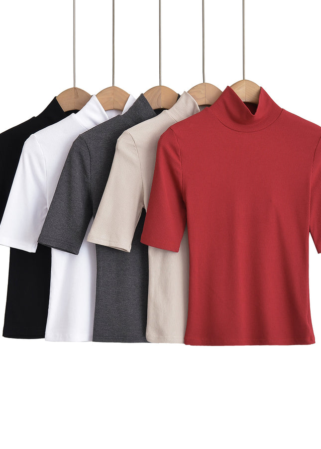 5 Colorway Stand Collar Short Sleeve Solid Color Knitted Casual Fashion t Shirt for Women