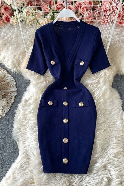 Wholesale V Neck Short Sleeved Knit Jersey Bodycon Dress Women Slim Casual Summer Dresses Vestido