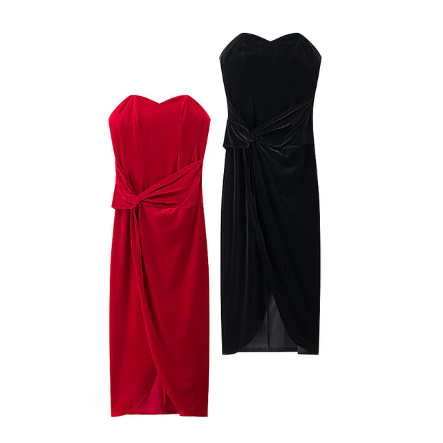 2 Colorway Front Slit Pleated Solid Color Strapless Casual Fashion Summer Long Dress for Women