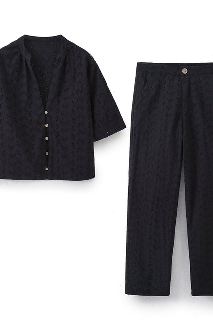 V Neck Buttons up Black Color Embroidery Short Sleeve Eyelet Casual Fashion Tops Blouse for Women