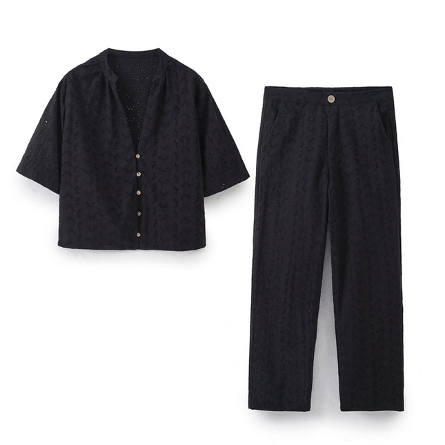 V Neck Buttons up Black Color Embroidery Short Sleeve Eyelet Casual Fashion Tops Blouse for Women