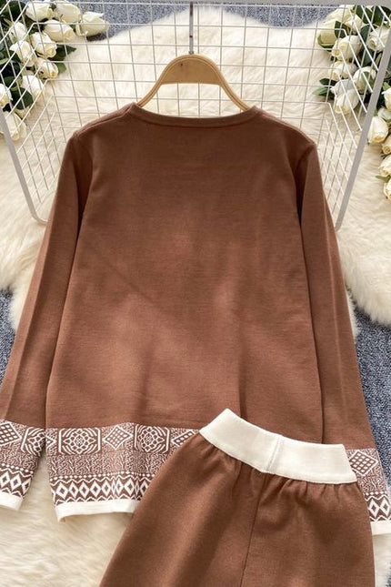 Women Fashion Round Neck Long Sleeve Jacquard Knit Top High Waisted Wide Leg Pants Casual Set