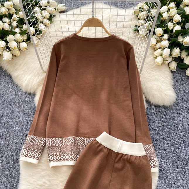 Women Fashion Round Neck Long Sleeve Jacquard Knit Top High Waisted Wide Leg Pants Casual Set