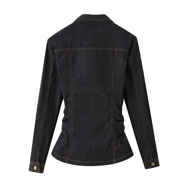 Denim Black Color Long Sleeve Single Breasted Turn Down Collar Casual Fashion Jeans Tops Blouse for Women