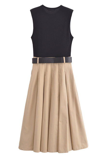Crew Neck Black Beige Color Sashes Sleeveless Casual Fashion Summer Long Dress for Women