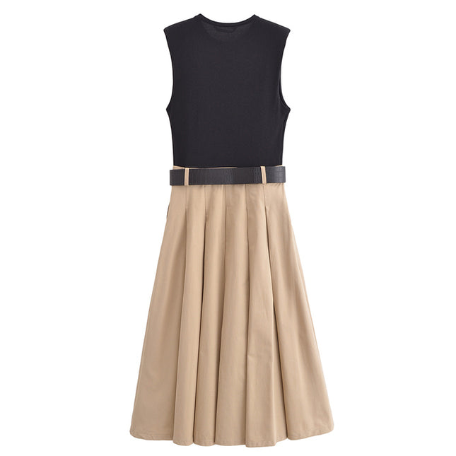 Crew Neck Black Beige Color Sashes Sleeveless Casual Fashion Summer Long Dress for Women