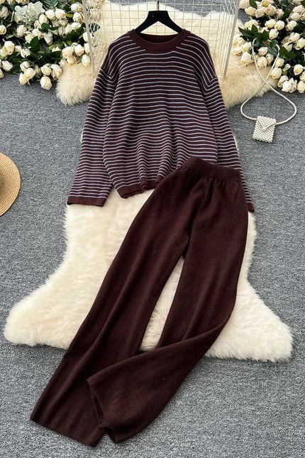 Women Knitwear 2 Piece Set T-shirt + Long Pants Suits Sports Outwear Striped Loose Lady Knitting Sweater Suits