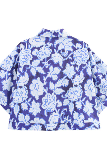 Floral Print Blue Color Buttons up Short Sleeve Casual Fashion Tops Blouse for Women
