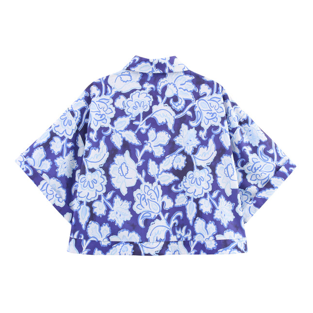 Floral Print Blue Color Buttons up Short Sleeve Casual Fashion Tops Blouse for Women