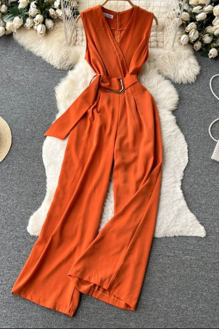 V-neck Solid Casual Long Jumpsuits Autumn Jump Suits Ladies Elegant Overalls One Piece Wholesale