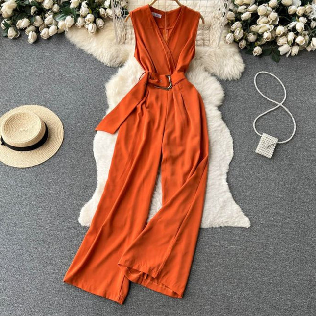 V-neck Solid Casual Long Jumpsuits Autumn Jump Suits Ladies Elegant Overalls One Piece Wholesale