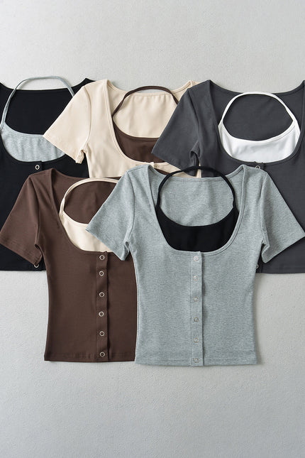 5 Colorway Solid Color Short Sleeve Buttons up Casual Fashion Summer t Shirt for Women
