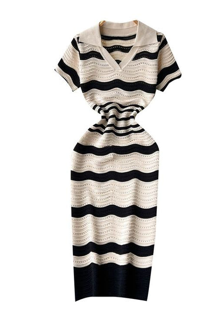 Short Sleeved Striped Knit Dress Women'S Summer New Hollow V-Neck Dresses