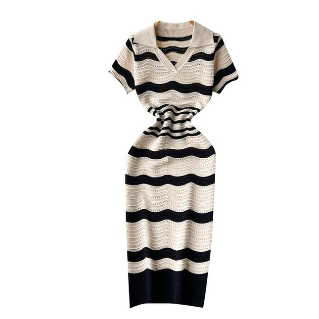 Short Sleeved Striped Knit Dress Women'S Summer New Hollow V-Neck Dresses