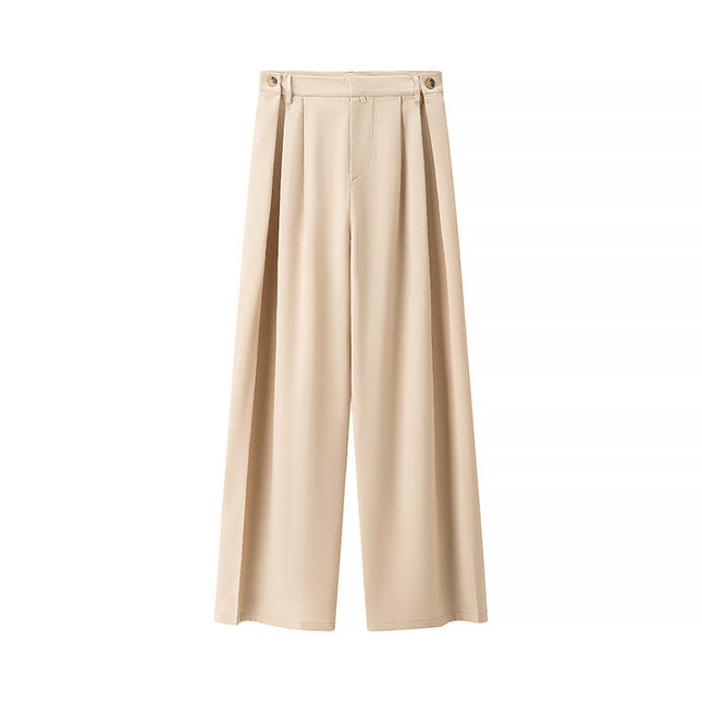 Pleated Strapless Crop tank Top Beige Color Zipper Fly Long Pants Casual Fashion Women 2 Piece Set