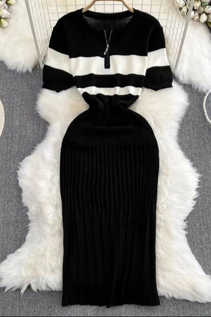 Summer Clashing Color Round Neck Zipper Waisted Knit Tight Casual Dresses