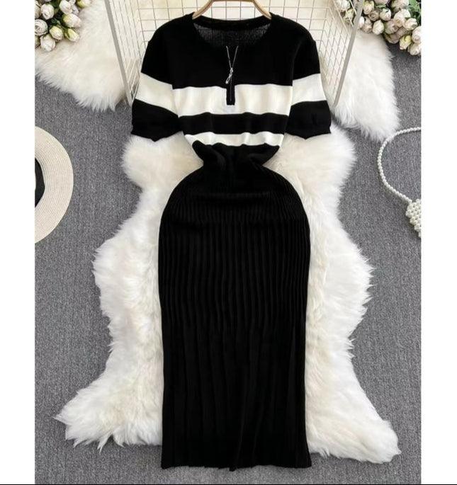 Summer Clashing Color Round Neck Zipper Waisted Knit Tight Casual Dresses