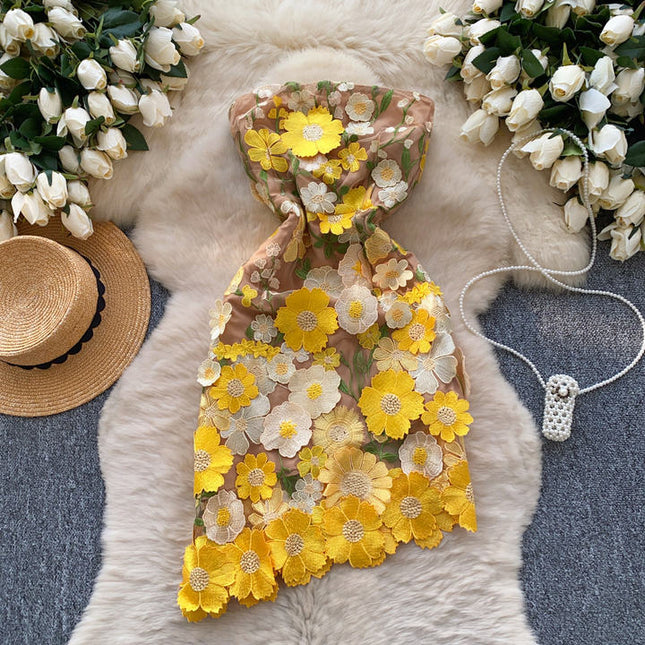Summer New Bustier Evening Dress Women Waisted Ruffled Sleeveless Waist Cinching Slimming Flower Embroidery Sexy Dresses