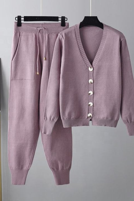 Wholesale 2023 Autumn and Winter New V-neck Cardigan Sweater Harem Pants Solid Color Cardigan Sweater Women's Set
