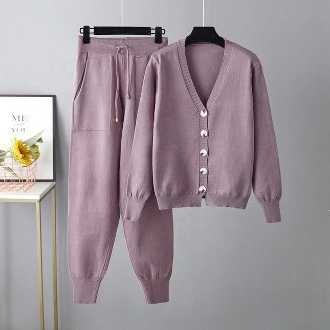 Wholesale 2023 Autumn and Winter New V-neck Cardigan Sweater Harem Pants Solid Color Cardigan Sweater Women's Set