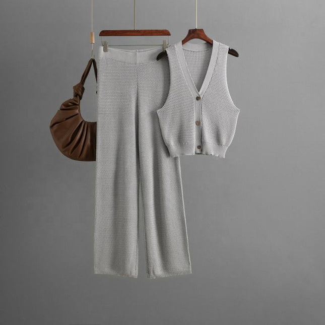 Fashion Knit Suit Women 2025 Summer New V-neck Sleeveless Vest High Waist Straight Pants Two-piece Set