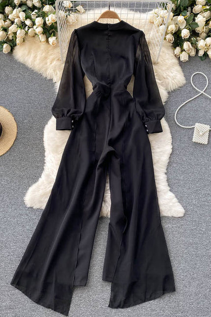 Women's Temperament V-neck High-end Jumpsuit High Waisted and Slim Mesh Patchwork Jumpsuit