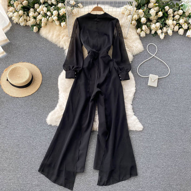 Women's Temperament V-neck High-end Jumpsuit High Waisted and Slim Mesh Patchwork Jumpsuit