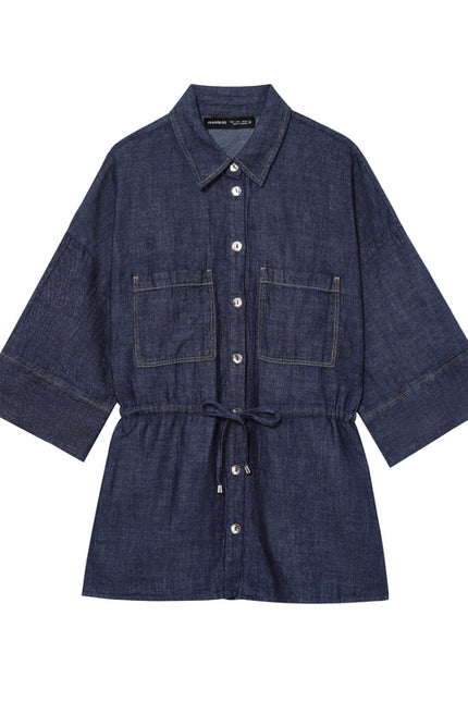 Turn Down Collar Denim Navy Color Long Sleeve Lace up Casual Fashion Jeans Tops for Women