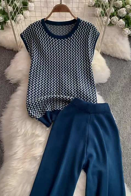 Two-piece Set Vintage Wavy Patterned Knitted Sleeveless Top and Stylish High-waisted Wide-leg Long Trousers
