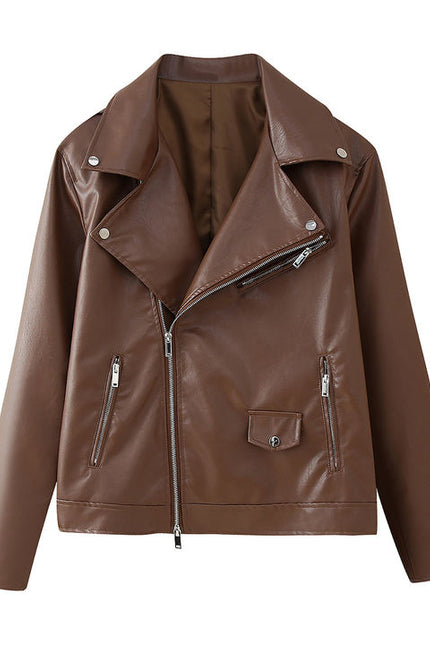 2 Colorway Notched Collar Long Sleeve Solid Color Zipper Fly Casual Fashion PU Leather Motorcycle Jacket for Women