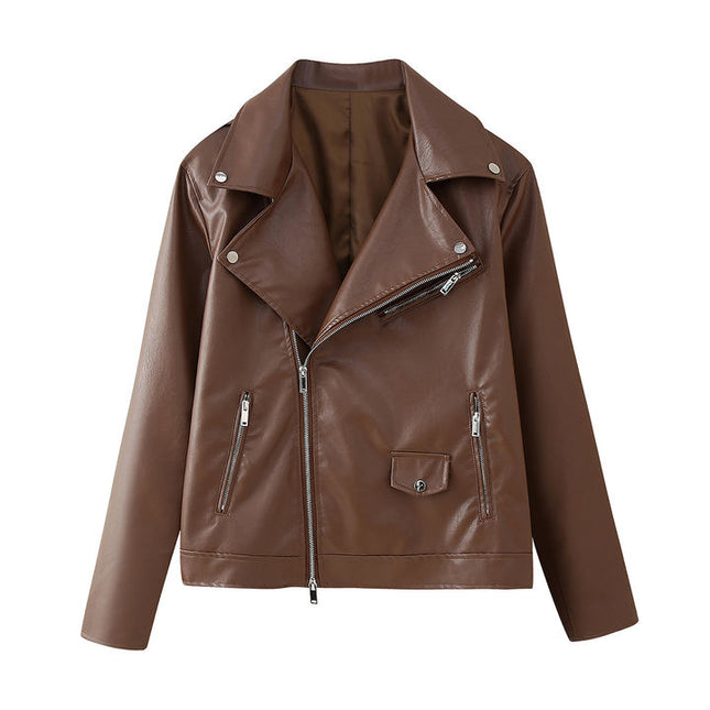 2 Colorway Notched Collar Long Sleeve Solid Color Zipper Fly Casual Fashion PU Leather Motorcycle Jacket for Women