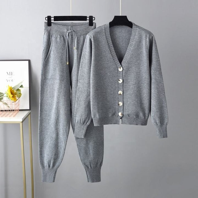 Wholesale 2023 Autumn and Winter New V-neck Cardigan Sweater Harem Pants Solid Color Cardigan Sweater Women's Set