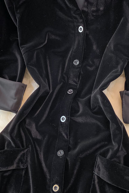 French Vintage Single-Breasted Velvet Cardigan Dress Fall and Winter Fashion Long Dresses