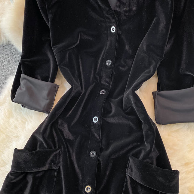 French Vintage Single-Breasted Velvet Cardigan Dress Fall and Winter Fashion Long Dresses