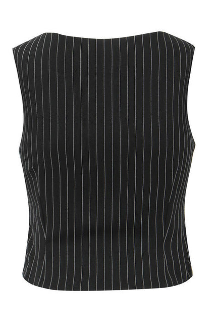 Square Collar Black Color Striped Print Front Lace up Casual Fashion tank Top for Women