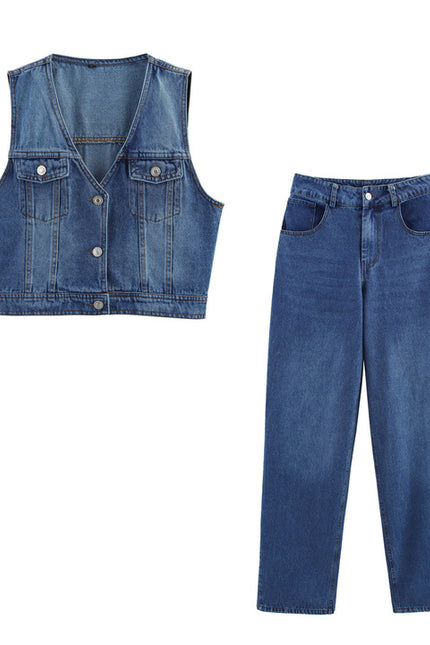 V Neck Buttons up Denim Blue Color Casual Fashion Jeans Vest Waistcoat for Women