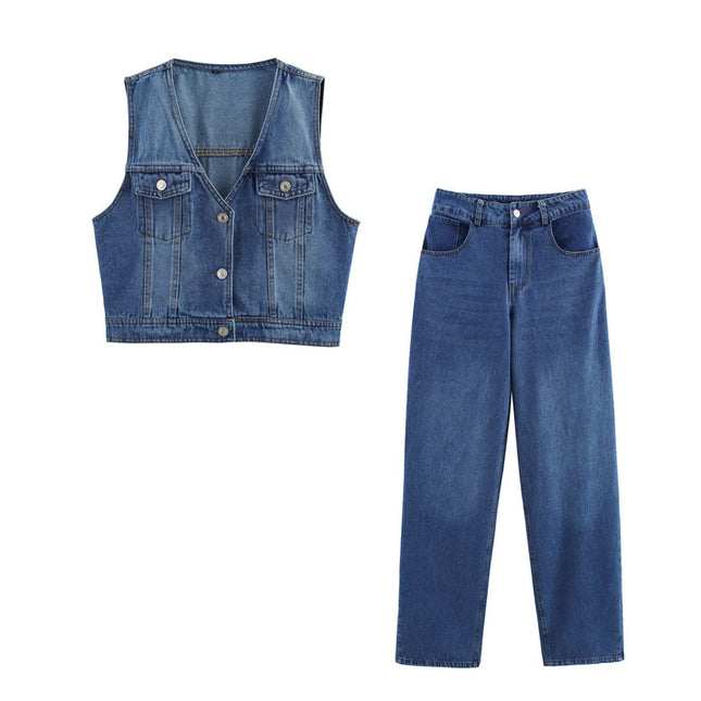 V Neck Buttons up Denim Blue Color Casual Fashion Jeans Vest Waistcoat for Women