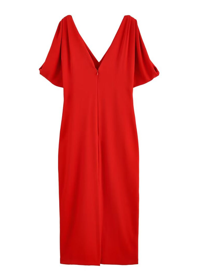 V Neck Red Color Short Sleeve Casual Fashion Summer Dress for Women