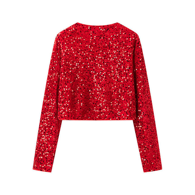3 Colorway Solid Color Sequin Front Bow Tie Long Sleeve Crew Neck Casual Fashion Tops Blouse for Women