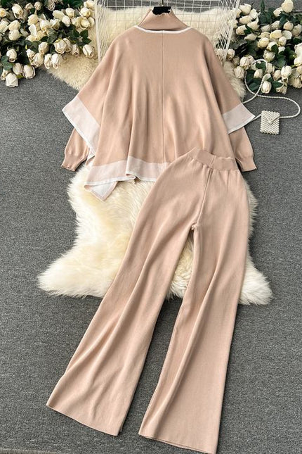 Autumn and Winter Loose and Lazy Style Cape Coat High Neck Pullover Knitted Sweater Casual Wide Leg Pants Three Piece Set