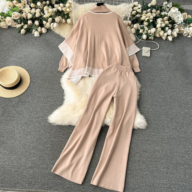 Autumn and Winter Loose and Lazy Style Cape Coat High Neck Pullover Knitted Sweater Casual Wide Leg Pants Three Piece Set