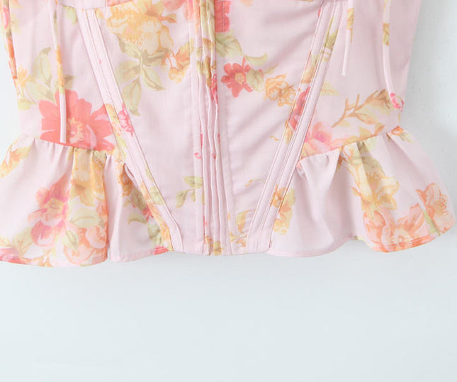 Floral Print Shoulder Strap Front Lace up Casual Fashion Cotton tank Top for Women