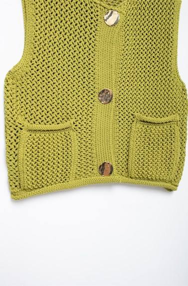 Crew Neck Green Color Single Breasted Front Pocket Knitted Casual Fashion Sweater Vest for Women