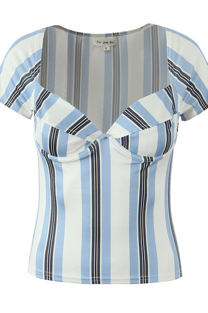 Square Collar Striped Print Short Sleeve Blue White Color Casual Fashion t Shirt for Women