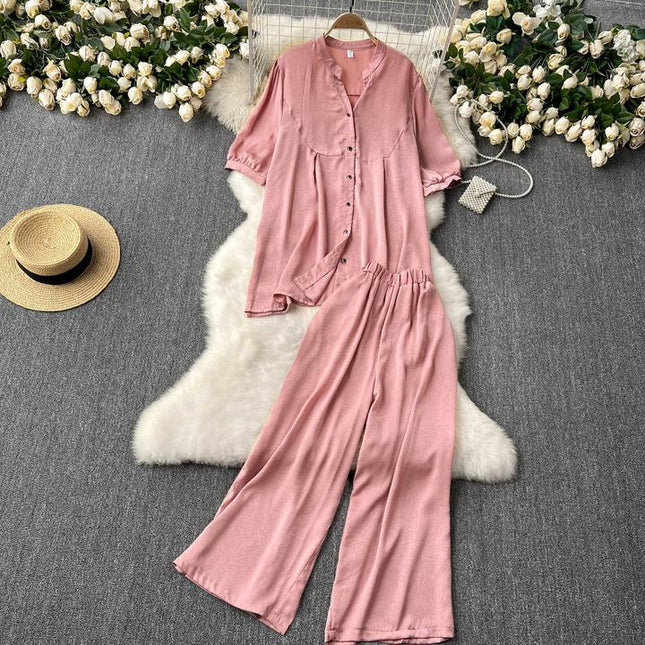 Women Loose Versatile Short-Sleeved Shirt Wide-Legged Pants Casual Two Piece Set