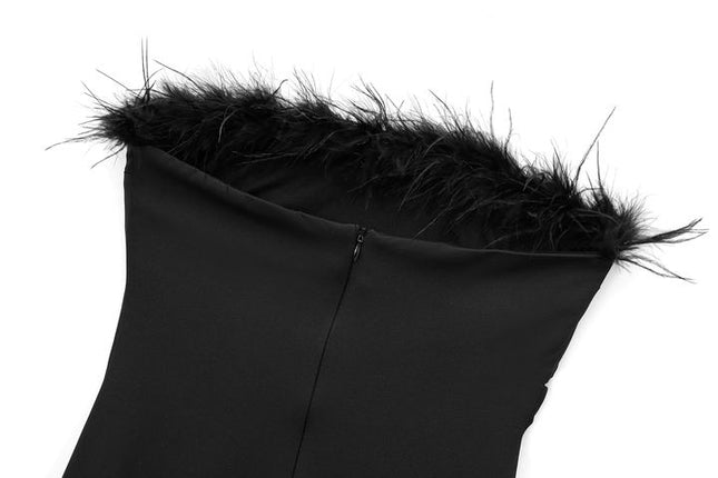 Strapless Black Color Feather Pleated Hot Sale Casual Fashion Midi Dress for Women