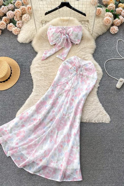 Women Halter Sleeveless Top And Floral Printed Hip Skirts Set Clothing Wholesale